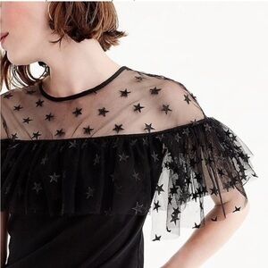J. Crew Black Starry Tulle Mesh Bell Short Sleeve Blouse Star Top